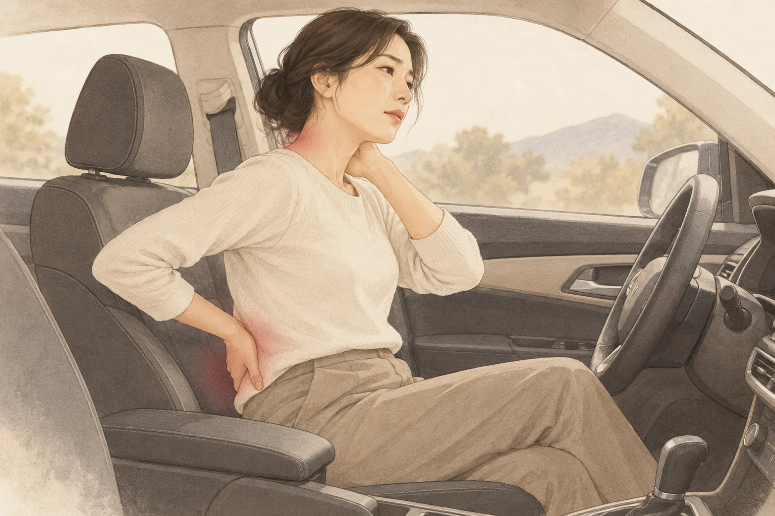교통사고 뒤 목과 허리의 불편함을 표현한 그림